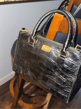 Michael Kors Black Croc-Embossed Satchel with Gold Tone Hardware
